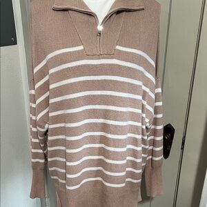 Striped Tan and White Women's Crew Neck Sweater